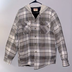 Wrangler, size medium, gray and white plaid.